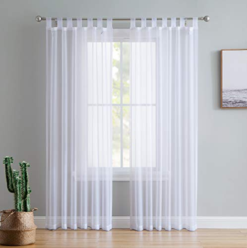 HLC.ME White Tab Top 54 inch x 108 inch Long Window Curtain Sheer Voile Panels for Living Room & Bedroom, Set of 2