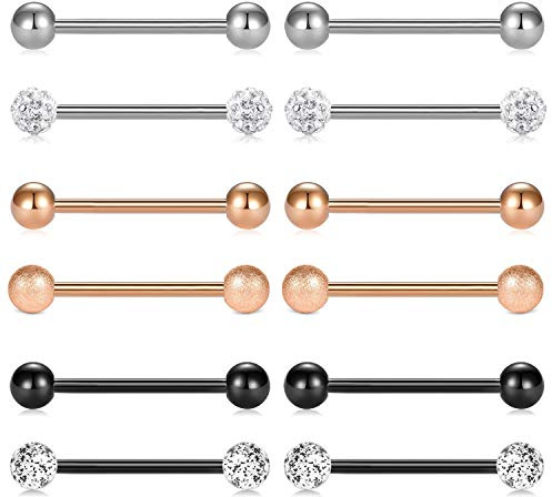 LAURITAMI 6 Paar Zungenpiercing Brustwarzenpiercing Edelstahl 1.6mm 14mm Stab Barbell Piercing Zunge Brustwarze Nippel Bars