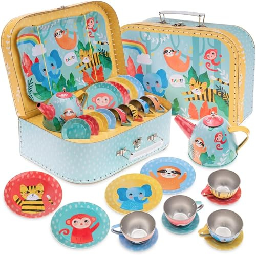 Jewelkeeper - Kinderspiel Zinn Teeservice und Tragetasche, Kindergeschirr Spielküche, 15-teilig - Dschungel Design