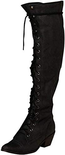 ORANDESIGNE Damen Winterstiefel Warme Schneeschuhe PU Lederstiefel Über dem Knie Flache Stiefel Lange Stiefel mit Hohen Absätzen B Schwarz 36 EU
