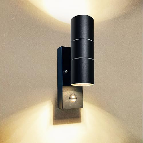 Wondlumi Outdoor Wall Lights PIR Motion Sensor Outside Light Black 3000K | Mains Powered 240V IP44 Security Lights, Incl. 2X 5W GU10 LED Bulbs Warm White