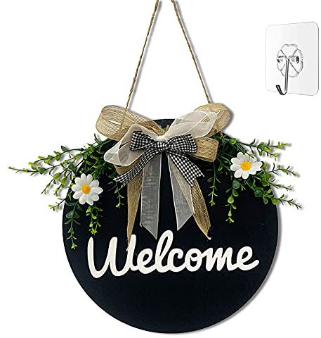MORROWCAMP Welcome Sign for Front Door, Wooden Outdoor Porch Decor, Farmhouse Sign for Spring Daisy Welcome Wreaths, Round Welcome Door Sign Hanging with a Hook for Home House Wall Decorations