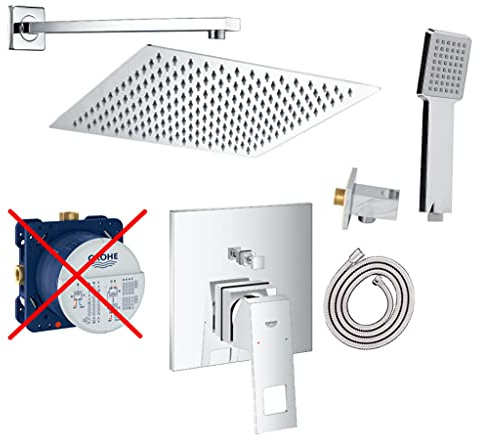 vanvilla Duschsystem Unterputz mit Duscharmatur Grohe poliert GE101-ob | Duscharmatur von Grohe Eurocube Einhebelmischer und vanvilla Regendusche Duschkopf eckig, Dusch-SET poliert