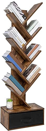 BAKAJI Libreria Scaffale 10 Ripiani Inclinati in Legno MDF Effetto Anticato con Cassetto in Tessuto Design Moderno Industriale per Soggiorno Salotto Casa Ufficio Dimensione 149 x 38 x 20 cm