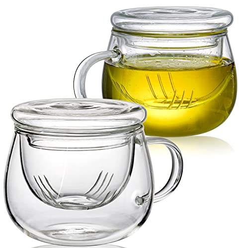 Tosnail 2 Pack 400ml Glass Tea Cup with Lid and Tea Infuser Set, Tea Mugs with Strainer, Clear Teacups with Tea Filter, Glass Cups for Loose Tea Brewing