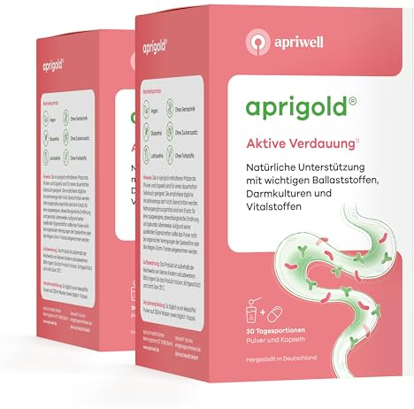 Aprigold - Schwung, Regelmäßigkeit & Geschmeidigkeit - Mit Ballaststoffen & Bakterienkulturen - 840g Pulver & 60 Kapseln - 2-Monats-Pack