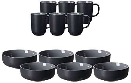 Ritzenhoff & Breker Jasper Service de brunch pour 6 personnes, noir, tasse à café 285 ml, bol à céréales Ø 14 cm, vaisselle douce au toucher et vernis mat coloré