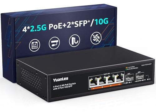 YuanLey 6 Port 2.5G PoE Switch Unmanaged, 4 x 2.5G Base-T PoE Ports, 2 x 10G SFP, 802.3af/at, 78W, VLAN, Kompatibel mit 100/1000/2500Mbps, Metall lüfterlos, Desktop/Wandmontage 2.5Gbe Netzwerk Switch