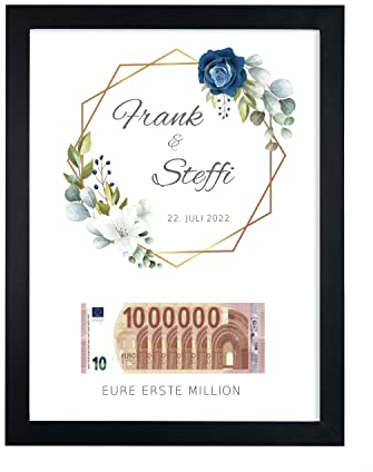 Eure erste Million Hochzeitsgeschenk für Brautpaar Geld | Geldgeschenk Hochzeit Bilderrahmen | DIN A3 | Hochzeitsgeschenk Geld Personalisiert | Verpackung für Geldscheine | Blaue Blumen | Ohne Rahmen