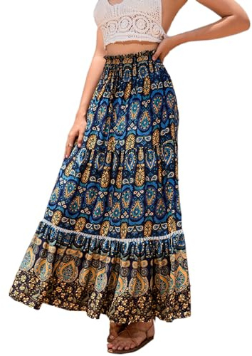 Women's Boho Floral Print Long Skirt Summer Flowy Elastic High Waist