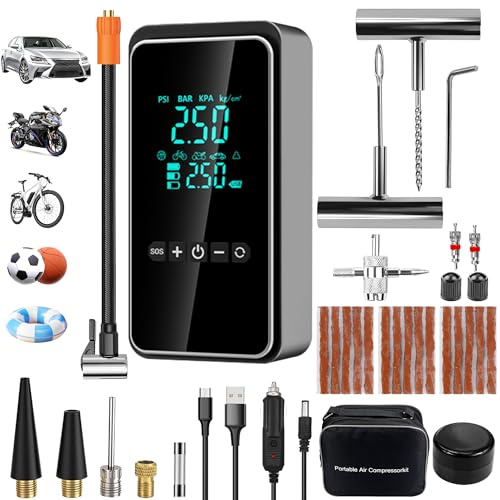 HYHJMISTY Tyre Inflator, Cordless Portable Air Compressor with 12V DC, Car Tyre Pump with Tire Repair Tools & Adhesive Strips, 6000mAh Digital Tyre Inflator for Car/Motorcycle/Bike/Ball