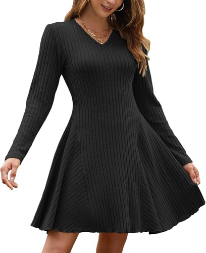 AUSELILY Autumn Dresses for Women UK Lightweight Winter Jumper Dress Knitted V Neck A Line Long Sleeve Dresses Knee-Long Sweater Dress Elegant Black 2XL