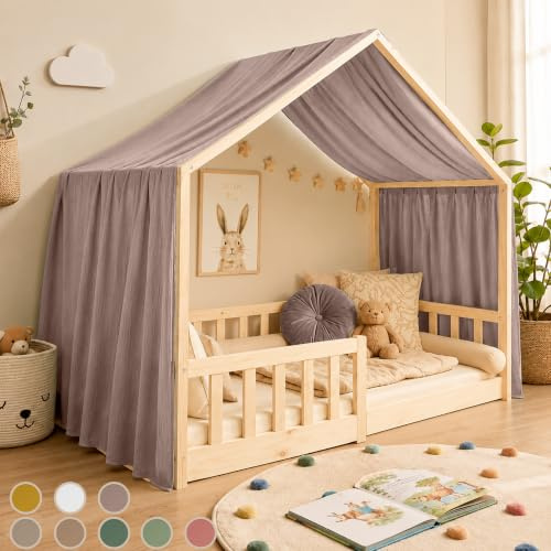 Hook Hausbett Himmel Deko Set, Betthimmel Hausbett aus Musselin - 1 Betthimmel & 1 Wimpelkette, für Jungen Mädchen Deko für Kinderzimmer, Baldachin Kinderzimmer Deko I 135 x 360cm Beigerosa