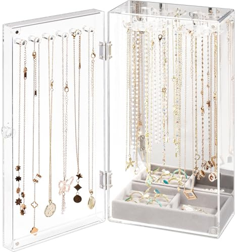 Lolalet Necklace Holder Organizer, Acrylic Jewelry Organizer with 24 Hooks, Rotating Clear Necklaces Display Box with Built-in Mirror, Dust-proof Jewelry Storage Case with Velvet Tray -Clearmirror