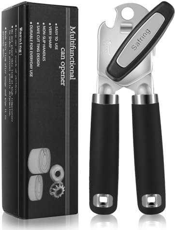 Safring Dosenöffner, manuell, robust, mit weichem Griff, scharfe Klinge, glatte Kante, Dosenöffner mit multifunktionalem Flaschenöffner, Schwarz