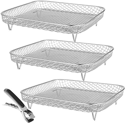 Veemoon 3pcs Stainless Steel Air Fryer Racks Stackable Square Dehydrator Racks Tong Cooking Trays for Air Fryer Tower