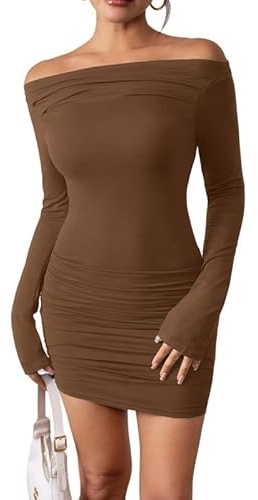 Haibang Vestido Sexy Mujer Manga Larga Vestidos de Fiesta Elegantes Mini Vestidos con Hombro Descubierto Elasticidad Vestido Corto Bodycon Dress para Fiesta Cóctel Noche Playa Club Casuales