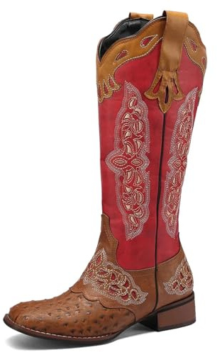 Lmtossey Western Cowboy Patchwork Cucire Floreale Stivali Per Le Donne Al Ginocchio Retrò Cowgirl Equitazione Scarpe Da Donna Stivali, Rosso, 38 EU
