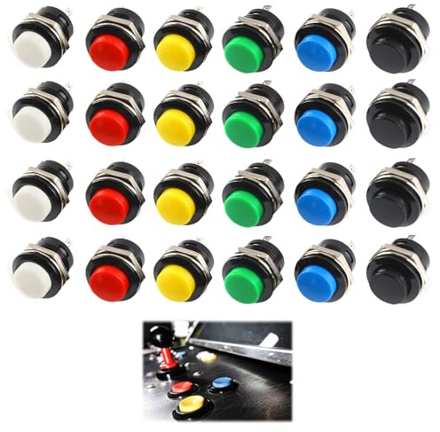 Mini Momentary Push Button Schalter, 24 Stück Rund Drucktaster 16mm, Selbstzurückstellend Mini Taster, Rot Grün Gelb Blau Weiß Schwarz, 3A 250V AC, 2-polig für Auto, Spiele und Industrieanwendungen