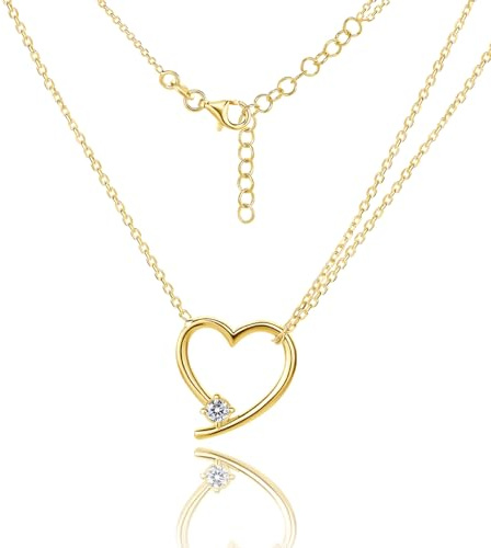 MIORE 18ct Gold Plated 925 Sterling Silver Necklaces for Women 45cm or 9ct 375 White Gold Heart Necklace 44cm, Sparkling CZ and Heart Pendant on Long Silver Chain, Delivered in Jewellery Box