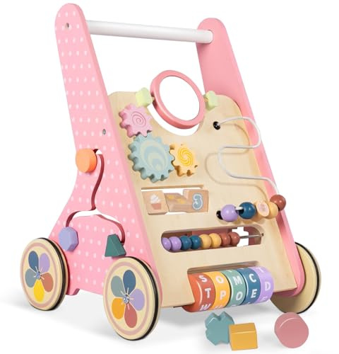 LOL-FUN Wooden Baby Walker for Toddlers 6-12 Months, 10in1 Push Along Walker Toys with Speed Control, Multifunctional Baby Activity Center for 1 Year Old Boys Girls Gift(Small Size)