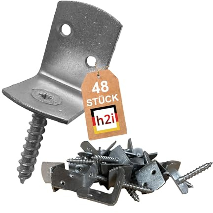 h2i Flechtzaunhalter | Edelstahl | 48 Stück | Flechtzaunbeschlag in L-Form aus Metall | langlebige rostfreie wetterfeste Zaunbefestigung für sicheren robusten und stabilen Stand