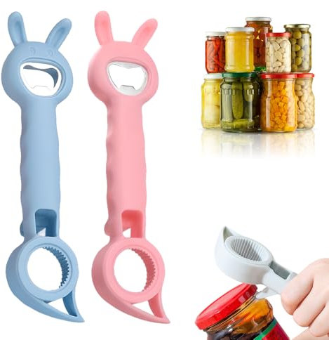 4 in 1 Bottle Opener, 2025 New Creative Jar and Cap Opener Tool, Portable Grip Aid for Elderly, Soda Lid Remover for Kitchen Bar Car Picnic Gift Use (Blue + Pink)
