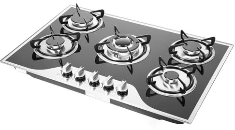 HOARLICN Cocina de gas de 5 fuegos, cocina de gas con 5 quemadores, cocina de gas empotrable para interiores, 180°, control de fuego, 77,5 x 51 x 6,5 cm, encendido electrónico por impulso, quemador de