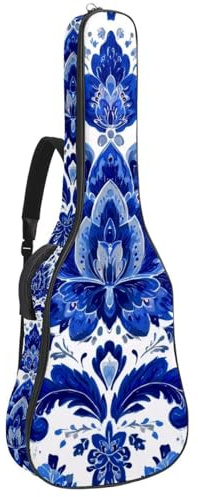 Akustikgitarre Tasche 1cm Dicke Polsterung, Wasserdicht Oxford Tuch Gitarrentasche Rucksack für 40-42 Zoll E-Bass Klassische Gitarren, Paisley Stickerei Blau Blumen Ethno Muster, Mehrfarbig 02