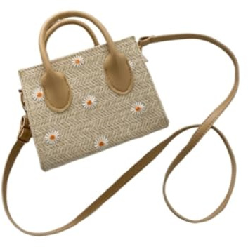 GAOJUNAN Korbtasche Daisy Woven Bag Handtaschen Umhängetasche Damen Tote Bag Woven Tote Geflochtene Tasche(Khaki)