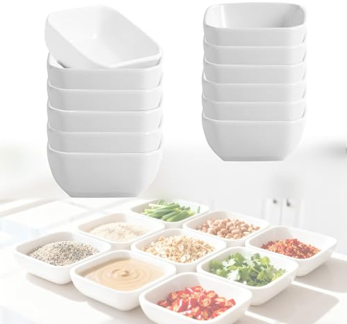 HUSHAX 12 Pièces Bols à Sauce, Petit Bol Pour Sauces, Coupelles à Trempette Sauce De Soja, Blanc, Matériel d'Amine, Carré, Approprié Pour La Sauce, Épices, Fruits, Snacks, 7.5 * 7.5 * 5.5 Cm