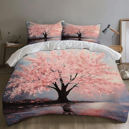 SKOEUI Housse de Couette 220x240 cm Arbre Couvert de Pétales Set de Housse de Couette en Microfibre Parure de lit 220x240 cm avec Fermeture Éclair, Comprenant 2 Taies d'oreiller Noir Charbon