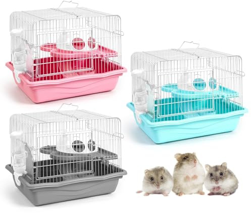 1 gabbia portatile per criceti nani, 2 ripiani, per piccoli animali, con ruota per esercizi, bottiglia d'acqua, piatto per cibo per criceti nani, topi, gerbilli (grigio/blu/rosa, consegna casuale)
