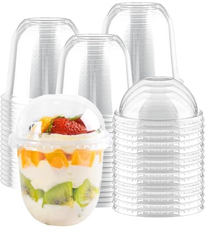 Selected 50 Plastic Dessert Cups with Dome lids and Spoons, 360ml Round Dessert Cups, Clear with Lids, Reusable Pudding Mousse Party Bowls，Used for Weddings, Gatherings, and Parties(9.5cm x 12cm)