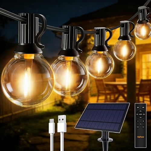 HeiPard Catena luminosa a LED Solare per Esterni, 10m, 16 + 1 G40, Dimmerabile, 3 Modalità, Telecomando per esterni, Resistente alle Intemperie, Luce Bianca Calda, Impermeabile, per giardino, balcone