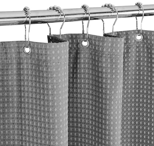 MALIRUE Waffel Duschvorhang Grau 183x198 cm - Waschbarer Textil-Polyester mit Magneten und 12 Ringen, Blickdicht und Wasserdicht für Dusche und Bad