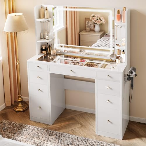 YITAHOME Dressing Table with Adjustable LED Lighting & Sockets, Transparent Glass Top Makeup Table with 9 Drawers, White Makeup Desk for Bedroom, 4 Open Storage Areas