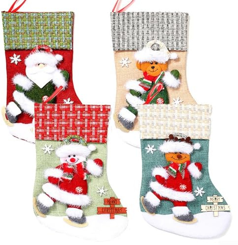 Collezione di calze natalizie, grandi ornamenti decorativi da appendere, con personaggi festivi, set di decorazioni tradizionali per la casa in poliestere