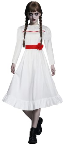 Kostüm Anna für Erwachsene, Horrorpuppe, weißes Kleid mit Bund und Perücke, gruseliges Filmkostüm, Halloween-Outfits