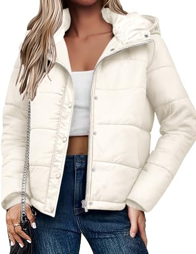 Zeagoo Veste hiver femme doudoune matelassée chaude avec capuche et poches blouson court fermeture éclair et boutons pression coupe vent style quotidien Blanc Cassé XL