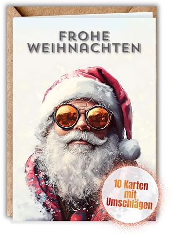 HIDEBLOOM Weihnachtskarten mit Umschlag Set Weihnachtsmann lustig - 10 Stück - DIN A6 (10,5 cm x 14,8 cm) - Weihnachtskarten Set Santa Claus - Klappkarte mit Umschlägen cooler Weihnachtsmann Karte