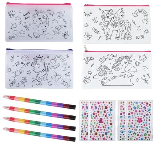 SongBuydn 12 Stück Federmäppchen Zum Bemalen Kindergeburtstag Basteln, Einhorn Party Stofftaschen Zum Bemalen Für Kinder, DIY Bastelset Mit 4 Federmäppchen, 4 Sticker Und 4 Stifte