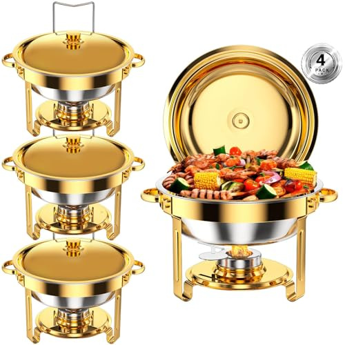Gold & Silver Chafing Dish Set, 4-Pack Round 5L Food Warmers, Stainless Steel Buffet Servers with Rolled Edge & Easy Assembly for Catering, Weddings, Events