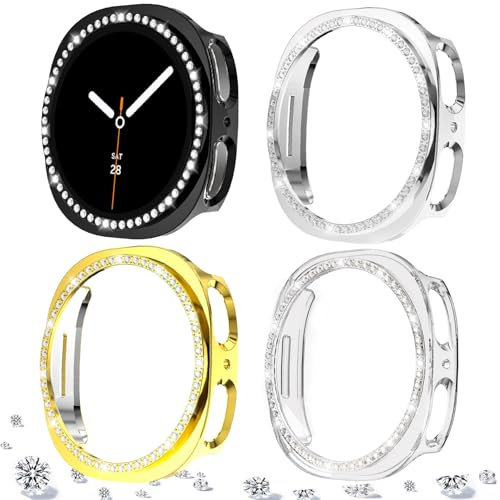 DEALELE [4-pack] klockfodral kompatibelt med Samsung Galaxy Watch 8 40 mm, bling, en rad diamant PC skyddande fodral, ersättning klockskydd stötfångare (40 mm, svart + silver + guld + transparent)