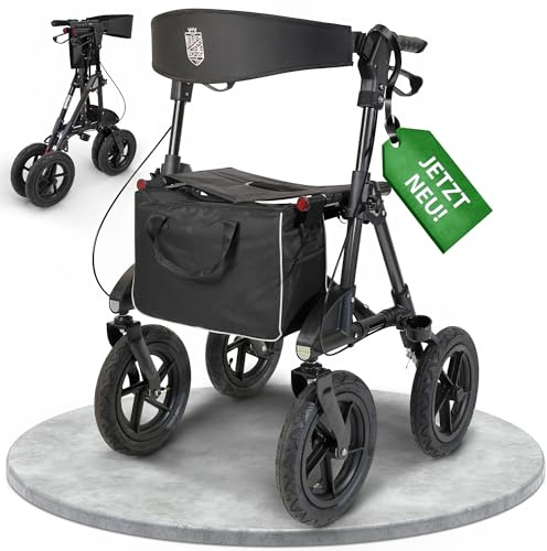 Rollator mit Luftbereifung (30 cm) bequemem Sitz und Lehne - robust leicht und faltbar. Der ideale Geländerollator für draußen in Titanschwarz