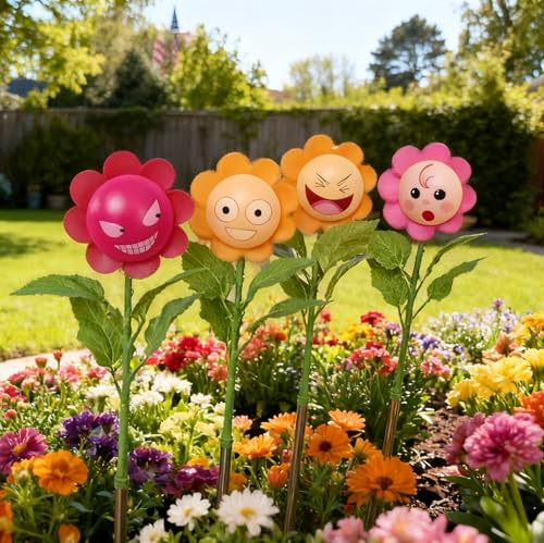 TORANKOS 4 Pack BobbleHead Emoji Wind Spinners Sunflower Pinwheels - Garden Decor, pathway, Lawn, Yard Stake Light Windmill for Decorations Statues