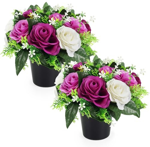 Leikedun 2 Pack Artificial Flowers for Graves Pots, White Purple Lilac Roses Grave Flower Pots Silk Memorial Grave Flowers Cemetery Ornaments Outdoor Decorations, Weatherproof Funeral Arrangements
