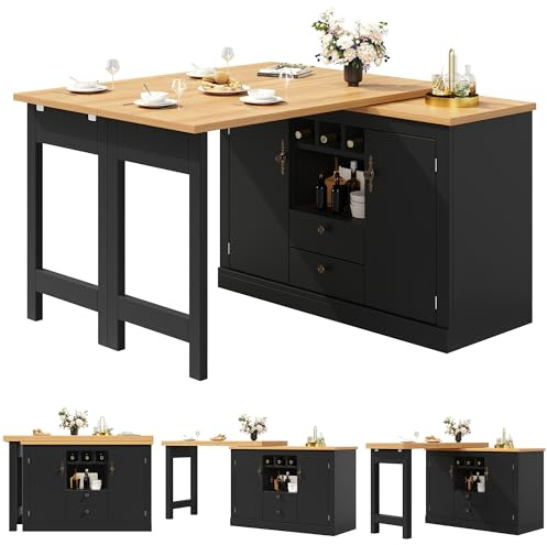 eisaro Bartisch 180 cm mit Ausziehfunktion 120-180 cm – Multifunktionale Kücheninsel mit Arbeitsplatte, Glas-Schiebetüren & Rollen – Hausbar, Küchenwagen & Sideboard für kleine Küchen