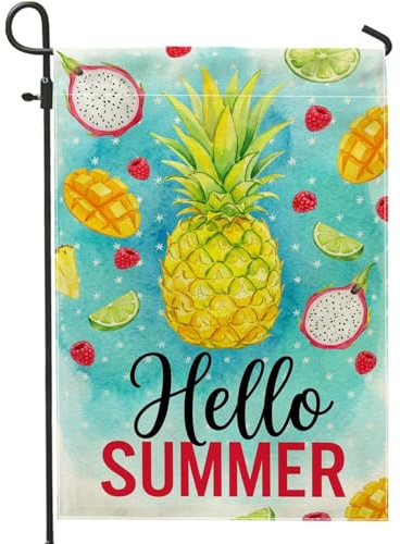 Bandiera da giardino a forma di ananas, in iuta tropicale estiva con limone, lampone estivo giallo su entrambi i lati, bandiere decorative per esterni, patio, prato, portico anteriore, balcone, 30,5 x