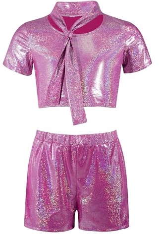 Oyolan Garçon Tenue Disco Jazz Brillante Ensembles Shorts Danse Hip Hop Vêtements De Danse De Rue Ensemble Pièces Pour Danser Ballet Rose Vif 7-8 ans
